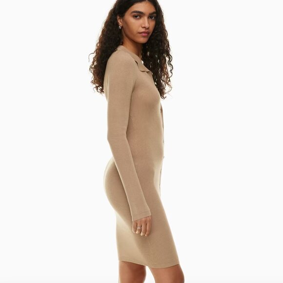 Aritzia Wilfred Cove Long Sleeve Knit Ribbed Dress Tan Camel Size Medium - Picture 2 of 7